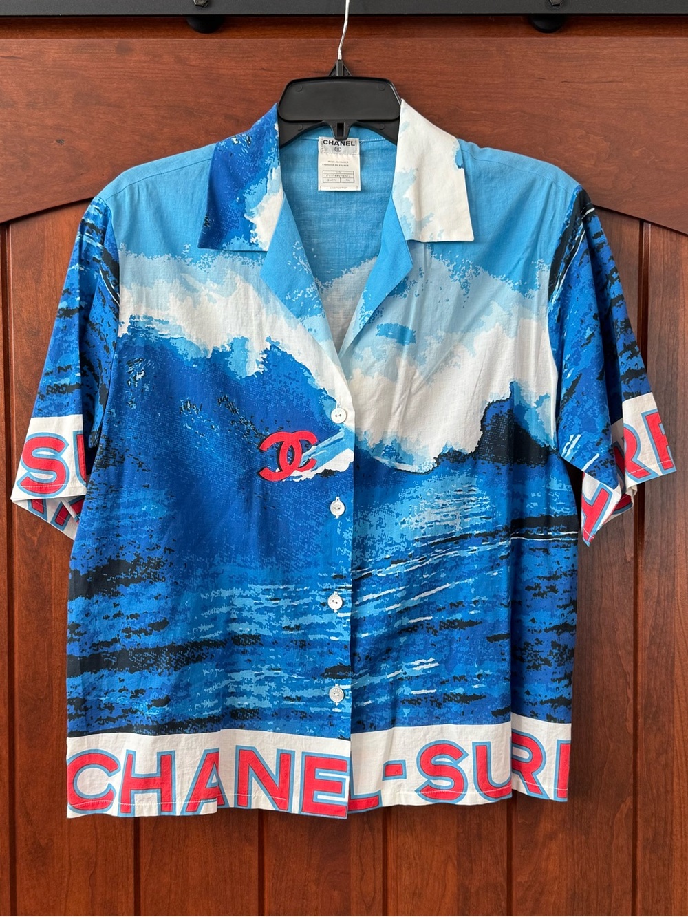 Vintage 2003 CHANEL Aloha Surf Graphic Button-Down Cotton Shirt